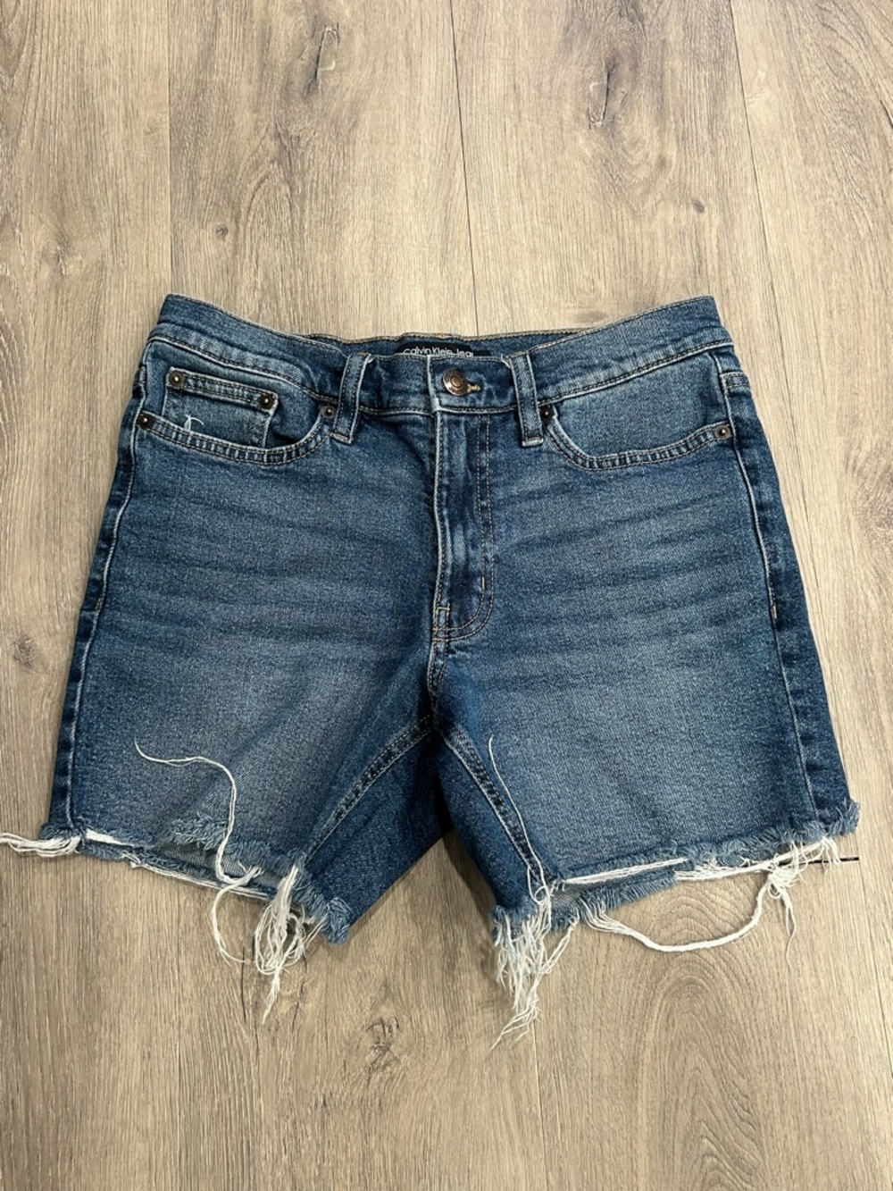 Calvin Klein Distressed Dark Blue Denim Jean Shorts